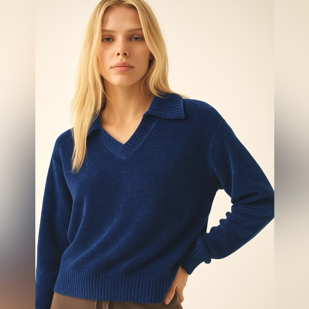 Mark, Fire & Strike Royal Blue Chenille Sweater V Neck Collar S